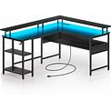 Rolanstar Computer Desk L Shaped 59.4" With LED Lights And Power Outlets, Reversible L Shaped Gaming Desk With Monitor Stand, Home Office Desk With